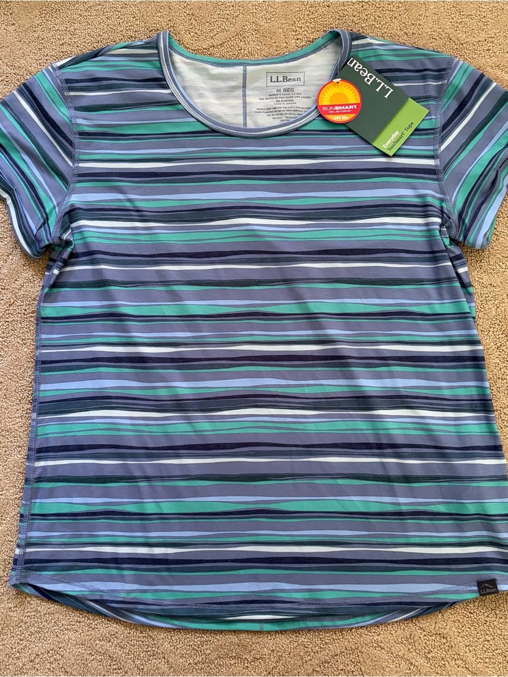 L.L. Bean Women’s Short-Sleeve Striped Tee in Blue and Green UPF 50+